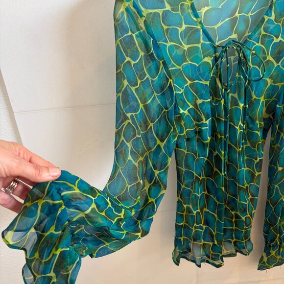 Alice & Trixie Silk Sheer Blouse – Green/Teal Abstract Print – Size M – Made in - Picture 4 of 5